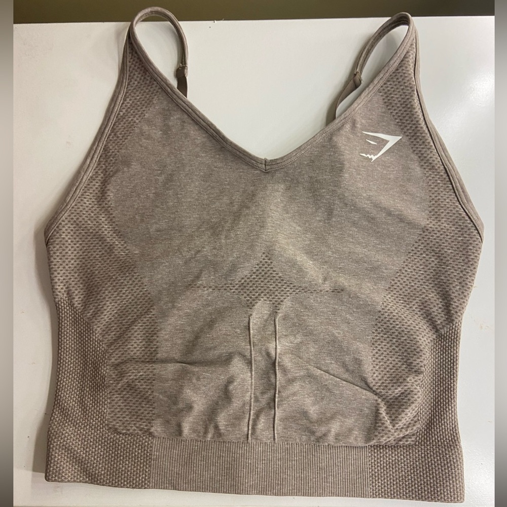 Gymshark Taupe Seamless Tank Top with White Logo
